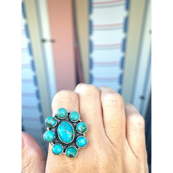 BIG Turquoise Cluster Statement Southwestern Sterling Silver Ring Adjusts 7 8 9 - Picture 2 of 7